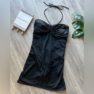 Vintage Guess ruffled bust halter swim dress in black. Size M